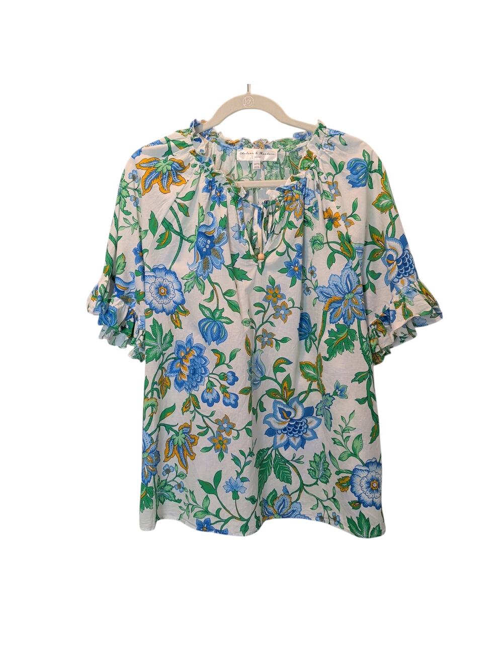 Chelsea & Theodore Plus Sz 2X Blue Green Floral Short Sleeve Ruffle Blouse